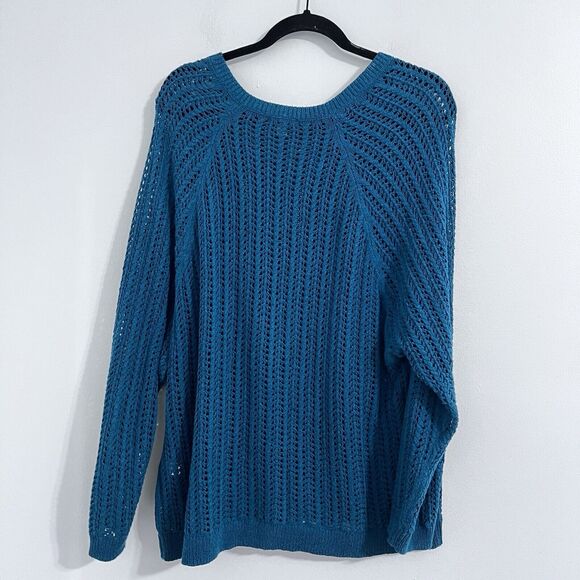 J. Jill Open Knit Sweater Size L Teal Blue Beachy Tunic Round Neck Crochet Top - Picture 2 of 7